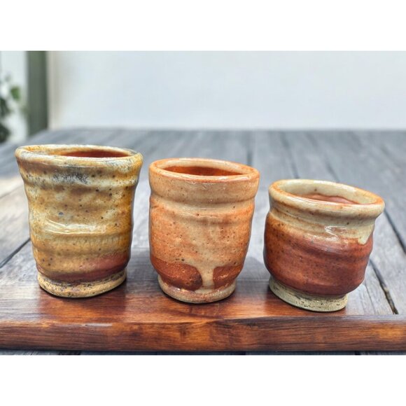 Vintage Studio Art Pottery Sake / teacup stoneware 6 cups + tray Hand Thrown - Picture 4 of 11